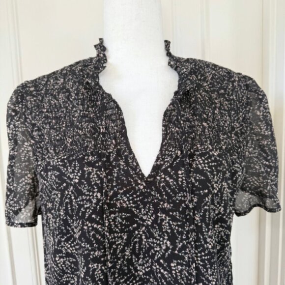 PETITE ASSEMBLY Black Printed Tie Neck Short Sleeve Blouse Size LP - Picture 4 of 12